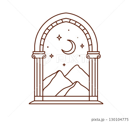 Mystic boho arch, magic bohemian doorway framing a serene mountain landscape under a crescent moon and stars. Elegant vector arc window evokes calm, wonder, timeless beauty and spiritual bohemian vibe 130104775