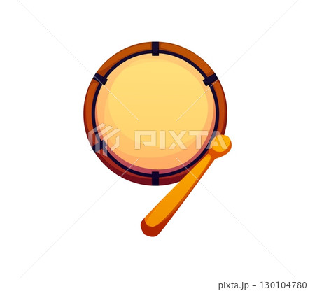 Cartoon musical font number 9 as traditional drum with a drumstick. Percussion music instrument, entertainment math symbol. Isolated vector musician numeral nine character for arithmetic learning 130104780