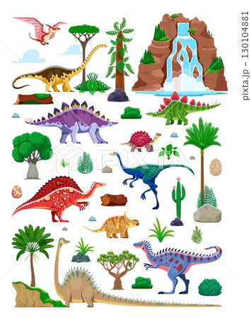 Prehistoric era landscape with dinosaurs characters and plants. Vector jurassic reptiles and dino eggs, jungle forest trees and waterfall. Cartoon diplodocus, pteranodon and stegosaurus dinosaurs 130104881