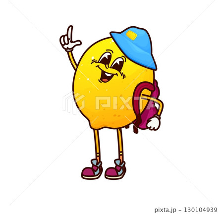 Cartoon groovy lemon fruit character wearing a blue cap and red backpack, striking a playful pose with finger up gesture. Vector fun and cheerful citrus schoolboy personage promotes education for kids 130104939