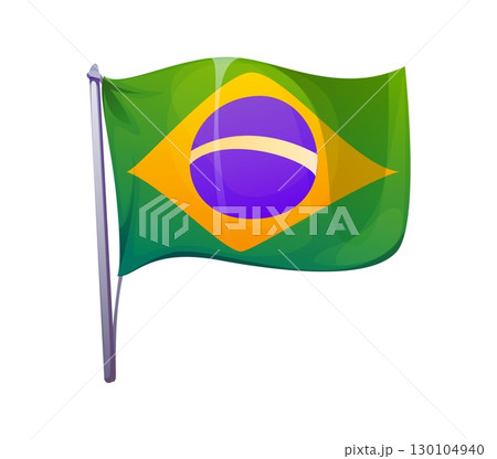 Cartoon Brazilian flag waving on pole, featuring green, yellow and purple colors. Isolated vector Brazil item for representation of national pride, carnival party, sports events, cultural celebrations 130104940