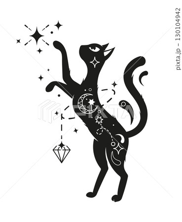 Black magic cat standing on hind legs with celestial symbols and elements on its body. Vector feline animal silhouette surrounded by stars and floating diamond exudes mystical, magical, spiritual aura 130104942