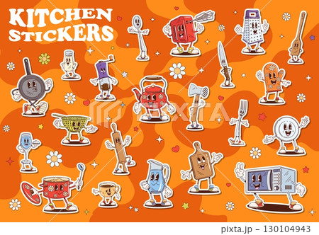 Groovy kitchenware, dishware and utensil characters stickers pack. Vector set of cartoon appliances and cutlery. Spoon, fork, knife, plate, pot and pan, microwave, mixer or grater, kettle and whisk 130104943