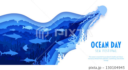 Oceans day banner with paper cut underwater landscape, jellyfish, sea depth, seaweeds, fish and animal silhouettes. World Festival 3d vector mesmerizing papercut scene inside wavy frame with sea life 130104945