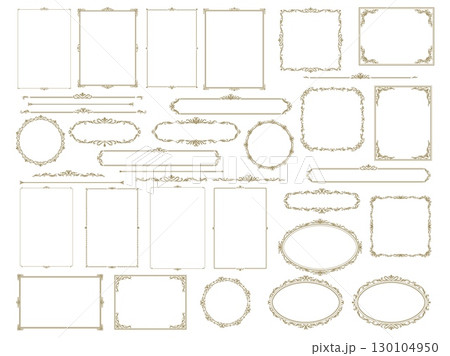 Antique decor frame and border, vintage royal floral ornament pattern. Vector set of refined ornamental frames and dividers. Rectangular, oval, square, round shapes with floral and baroque flourishes Antique decor frame and border, vintage royal floral ornament pattern. Vector set of refined ornamental frames and dividers. Rectangular, oval, square, round shapes with floral and baroque flourishes 130104950