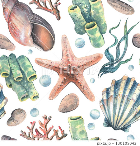 Seamless marine pattern with starfishes, corals and shells in light pastel colors, hand-painted watercolor illustration perfect for summer fabric, wrapping paper and coastal decor. Seamless marine pattern with starfishes, corals and shells in light pastel colors, hand-painted watercolor illustration perfect for summer fabric, wrapping paper and coastal decor. 130105042