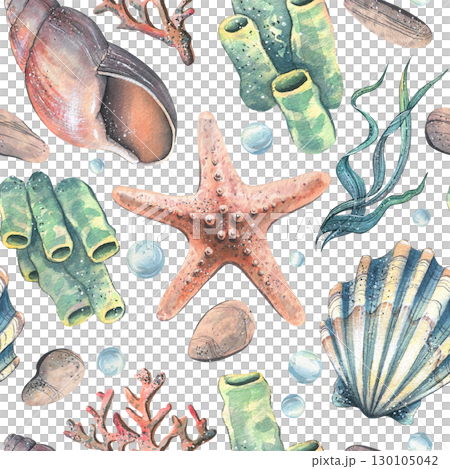 Seamless marine pattern with starfishes, corals and shells in light pastel colors, hand-painted watercolor illustration perfect for summer fabric, wrapping paper and coastal decor. Seamless marine pattern with starfishes, corals and shells in light pastel colors, hand-painted watercolor illustration perfect for summer fabric, wrapping paper and coastal decor. 130105042