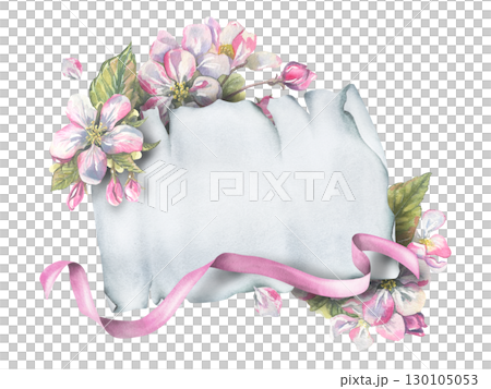 Romantic floral template with apple blossoms, a twisted sheet of paper and flowing ribbon, soft hand-painted watercolor illustration, ideal for greeting cards, invitations, and elegant text decoration Romantic floral template with apple blossoms, a twisted sheet of paper and flowing ribbon, soft hand-painted watercolor illustration, ideal for greeting cards, invitations, and elegant text decoration 130105053