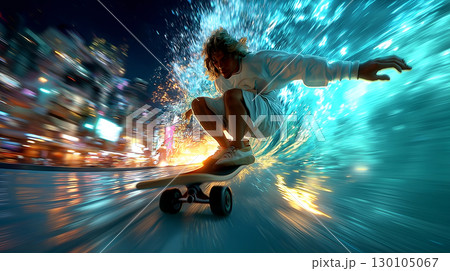 Urban Surge: Skateboarder Riding the Energy Wave 130105067