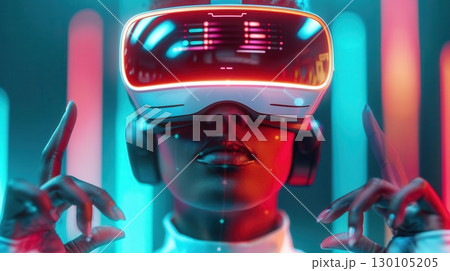 Woman wearing VR headset with glowing lights in the background. 130105205