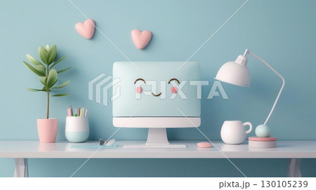 Cute computer on a desk with a happy face, a lamp, a plant and a cup of coffee. Cute computer on a desk with a happy face, a lamp, a plant and a cup of coffee. 130105239
