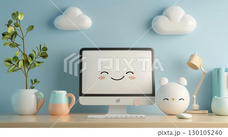 Cute computer with smiling face on a desk with decor Cute computer with smiling face on a desk with decor 130105240