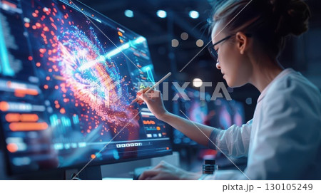 Female programmer working on a digital art project on a large computer screen. Female programmer working on a digital art project on a large computer screen. 130105249