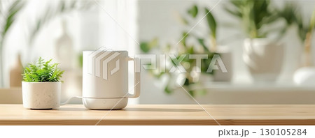 White mug on a wooden table with a potted plant in the foreground 130105284
