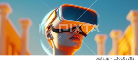 Woman wearing VR headset looking up, futuristic concept. 130105292