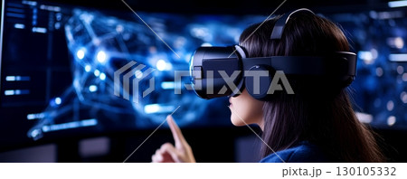 A woman immersed in a high tech virtual reality experience surrounded by a  inspired digital landscape with screens sensors and futuristic interfaces 130105332