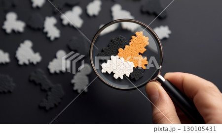 A hand holding a magnifying glass is closely examining a set of abstract geometric shapes and symbols against a dark background suggesting a concept of explo n investigation 130105431