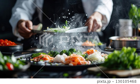 Chef preparing shabu at a high-end restaurant, showcasing meticulous knife skills and fresh ingredients Shabu Preparation, Chef at Work 130105468
