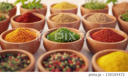 Close-up of assorted spices and herbs in small bowls, creating a vibrant and aromatic display Culinary Ingredients, Flavorful Spices 130105472