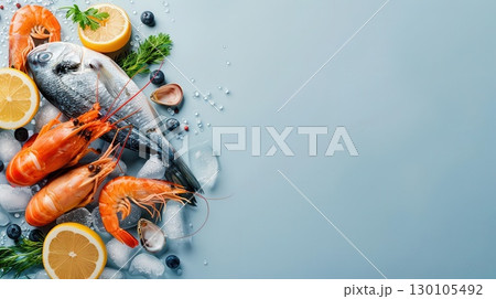 Fresh seafood selection on ice at a market, including fish, shrimp, and shellfish, highlighting their freshness and variety Seafood Ingredients, Market Fresh 130105492