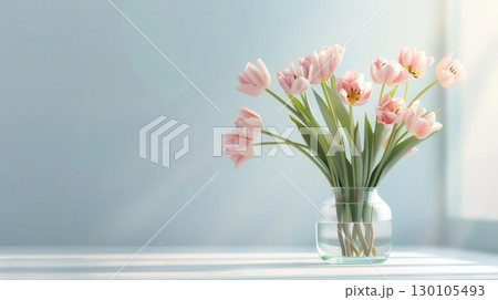 Fresh tulips in a glass vase with water, sunlight filtering through the petals, creating a warm and inviting atmosphere Tulips in Vase, Spring Freshness 130105493