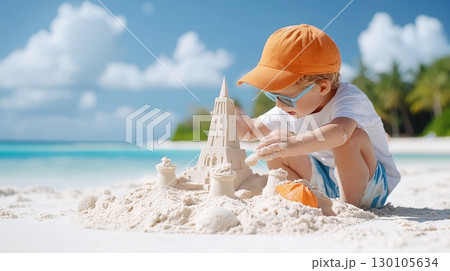 Happy young boy building a detailed sandcastle on a picturesque tropical beach with crystal clear ocean and blue sky in the background  Concept of carefree childhood summer vacation Happy young boy building a detailed sandcastle on a picturesque tropical beach with crystal clear ocean and blue sky in the background  Concept of carefree childhood summer vacation 130105634