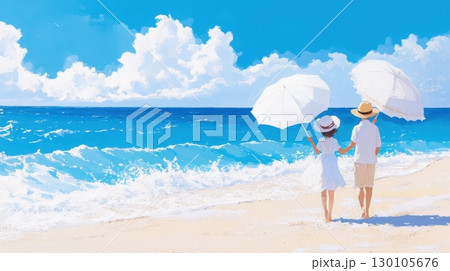 A peaceful and tranquil scene of a couple casually walking on a tropical beach 130105676