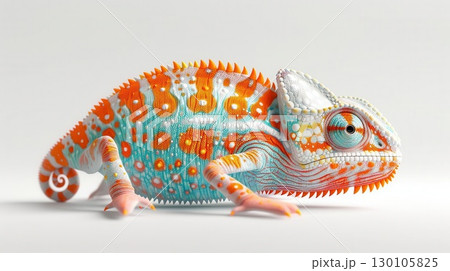 3D illustration of a orange-blue baby chameleon with bright colors, clean white background, cute and colorful, side view 3D illustration of a orange-blue baby chameleon with bright colors, clean white background, cute and colorful, side view 130105825
