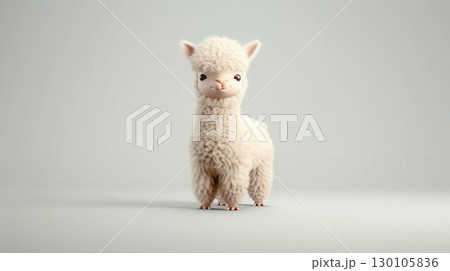 3D illustration of a baby alpaca with a fluffy coat, clean white background, cute and soft 130105836