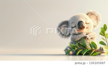 3D rendering of a smiley baby koala hugging a eucalyptus branch, clean white background, cute and fuzzy 130105897