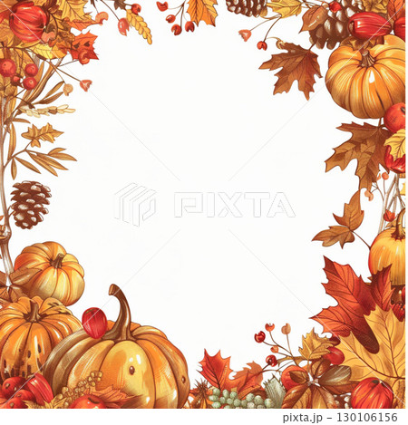 Autumn frame of watercolor pumpkins on white background. Decor for Halloween, Thanksgiving. 130106156
