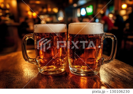 Two beer mugs on a wooden table, with a blurred background of people. 130106230