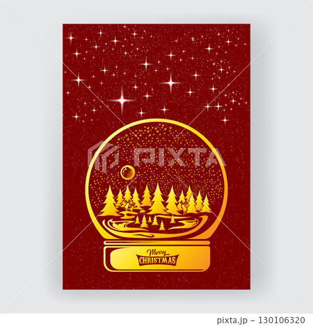 Christmas vector poster with a vintage golden snow globe, beautiful winter landscape inside, pine trees, moon, snowflakes, stars on a red grunge background, merry christmas holiday greetings Christmas vector poster with a vintage golden snow globe, beautiful winter landscape inside, pine trees, moon, snowflakes, stars on a red grunge background, merry christmas holiday greetings 130106320