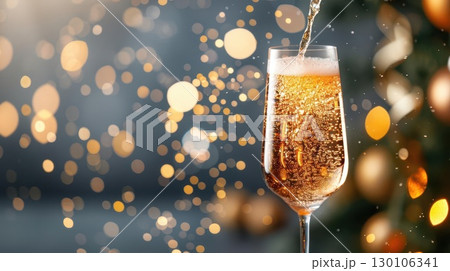 Sparkling champagne glass with splash and bokeh lights in background. Sparkling champagne glass with splash and bokeh lights in background. 130106341