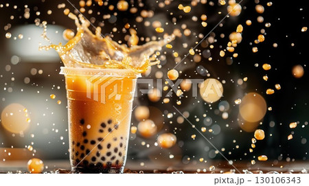 Close-up of a refreshing bubble tea with tapioca pearls splashing in a plastic cup. Close-up of a refreshing bubble tea with tapioca pearls splashing in a plastic cup. 130106343