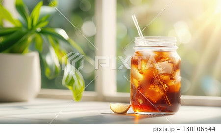 Refreshing iced tea in a mason jar with a lime wedge and ice cubes. Refreshing iced tea in a mason jar with a lime wedge and ice cubes. 130106344