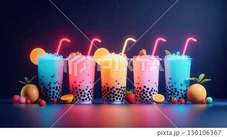 Five colorful boba tea drinks with neon straws and fresh fruit on a dark background. Five colorful boba tea drinks with neon straws and fresh fruit on a dark background. 130106367