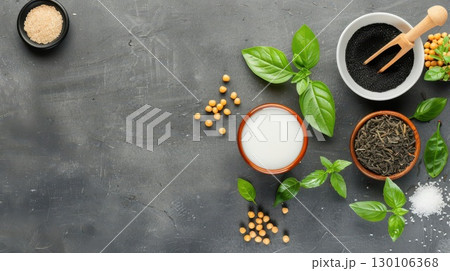 Soy milk, basil leaves, black sesame seeds, green tea, salt and sugar on a dark background. Soy milk, basil leaves, black sesame seeds, green tea, salt and sugar on a dark background. 130106368