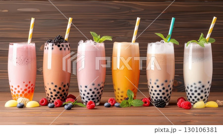 Assortment of colorful bubble tea drinks with tapioca pearls and fresh fruit. 130106381