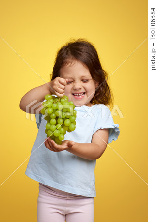 funny Caucasian little child girl holding bunch of green grapes on yellow background 130106384