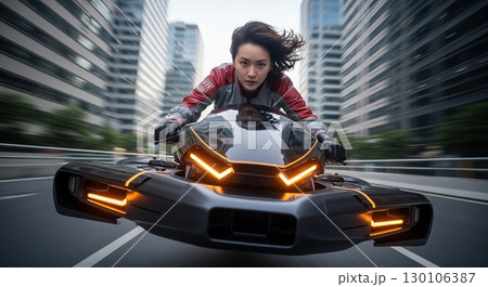 ホバーバイクで都会を疾走する女性 130106387