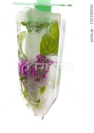 Various flowers in ice cubes. Creative floral background. Frozen beautiful plants. 130106450