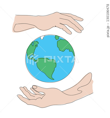 Continuous one line outline drawing of globe in hand as symbol of environmental care. Color vector illustration Continuous one line outline drawing of globe in hand as symbol of environmental care. Color vector illustration 130106478