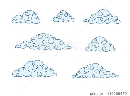 Cloud outline drawing, set of curly fantasy clouds drawn with one continuous line. Vector illustration. 130106479