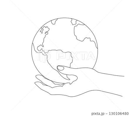 Continuous one line outline drawing of globe in hand as symbol of environmental care. Vector illustration. 130106480