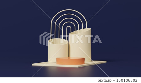 3d render, abstract podium with orange cylinder and cream tall columns on dark blue 130106502