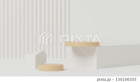 3d render, minimal podium with beige cylinders and white geometric blocks on striped background 130106505