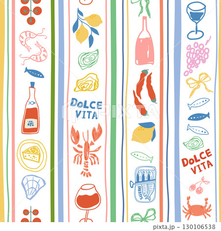 Mediterranean dinner seamless pattern. Vector striped background with la dolce vita food elements, Italian summer print 130106538