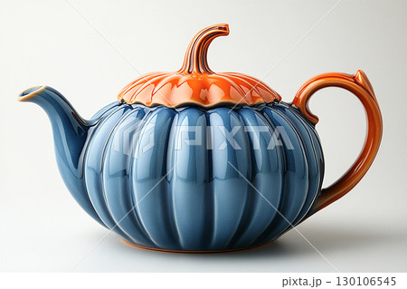 Ceramic teapot in shape of a orange pumpkin in a rustic style on a white background. 130106545