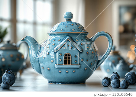 Ceramic teapot in shape of a house in a classic style on a white background. Ceramic teapot in shape of a house in a classic style on a white background. 130106546
